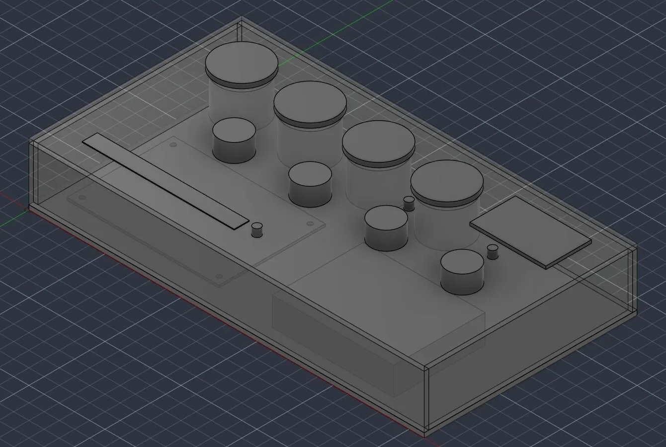 Fusion model of the enclosure with the acrylic panel and knobs, showing how the controls sit inside the shell.