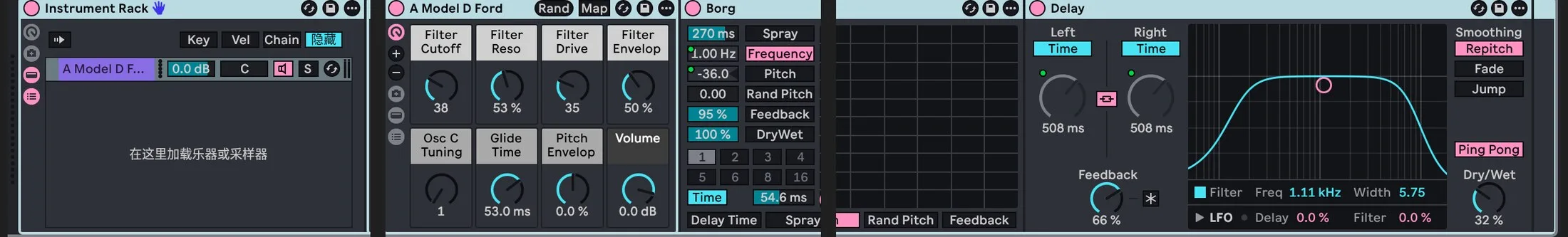 Ableton device chain showing the A Model D Ford instrument rack, Borg and Delay, with FSR-mapped parameters highlighted.