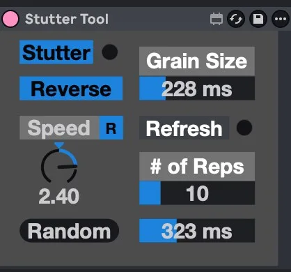 The Stutter Tool interface at the end of the B4 macro path, showing its Stutter and Random controls alongside grain size and repetition.