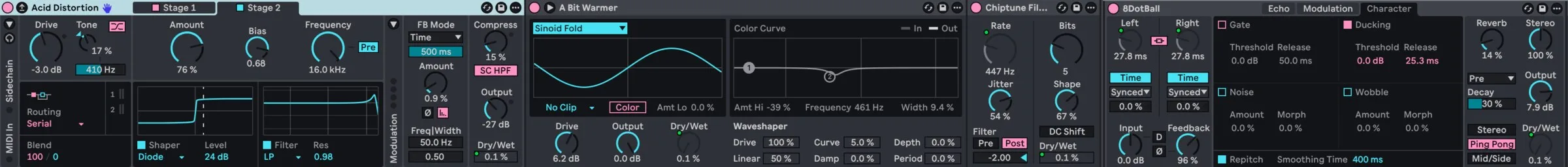 A composite Live screenshot showing the four effect devices controlled by the K1 group macro.