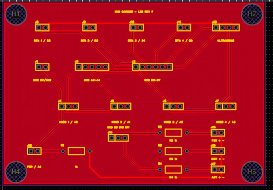 PCB RevF layout with the board outline, connectors, mounting holes and labels.