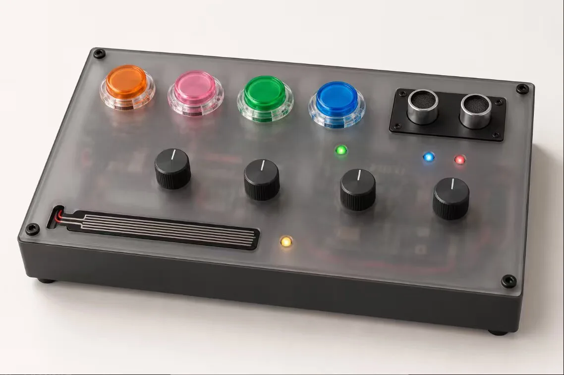 Concept render of the controller in a black enclosure with black knobs and four coloured buttons.