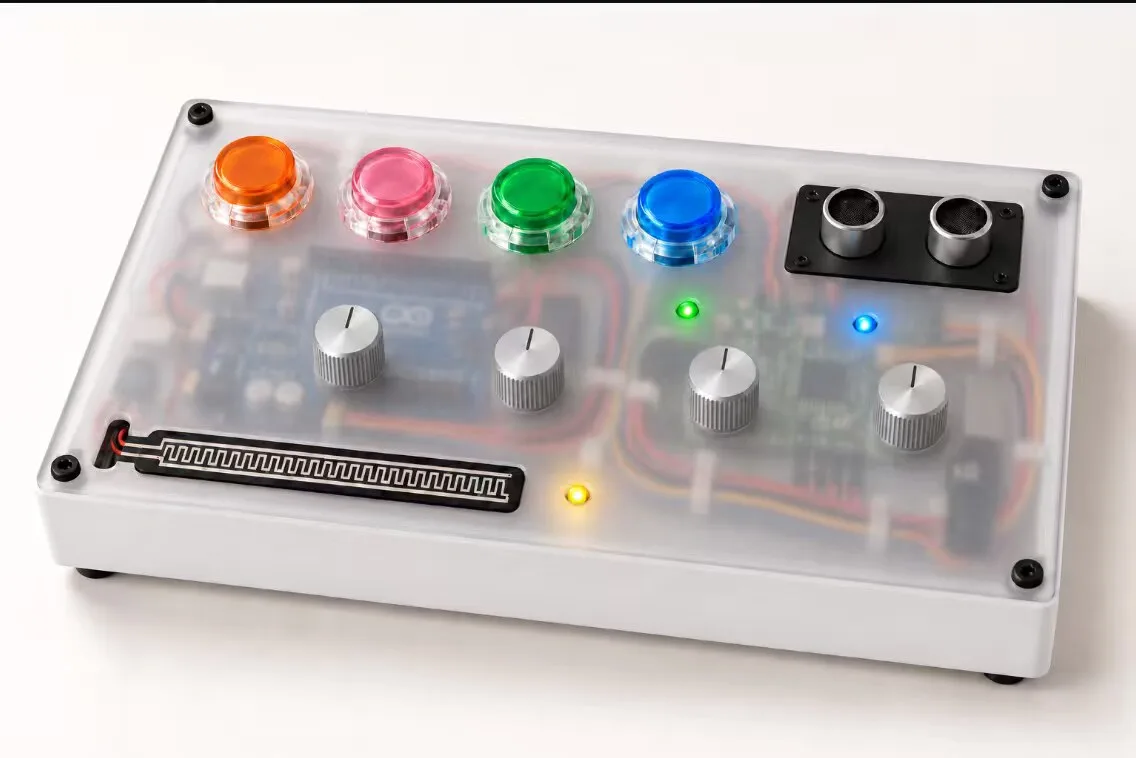 Concept render of the controller in a white enclosure with silver knobs and four coloured buttons.