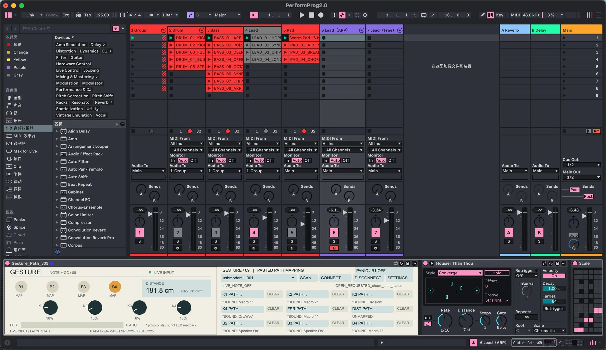 Ableton Live Session view with the PerformProg2.0 tracks and the Gesture Path V9 device at the bottom.