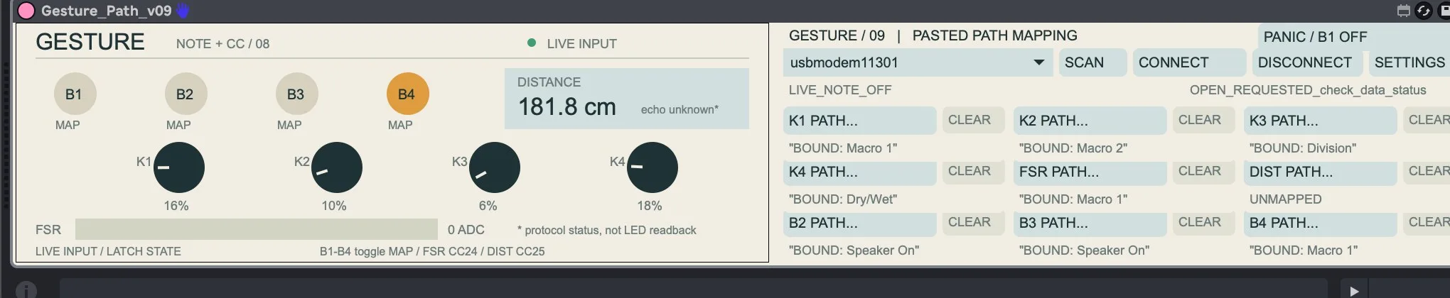Gesture Path V9 panel showing B1 to B4, K1 to K4, distance, FSR and the pasted path mapping list.